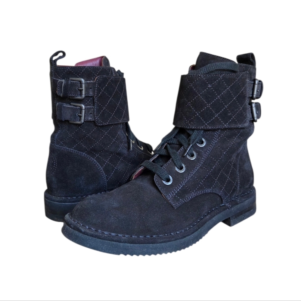 CHANEL Quilted Suede Combat Ankle Boots Black EU 37